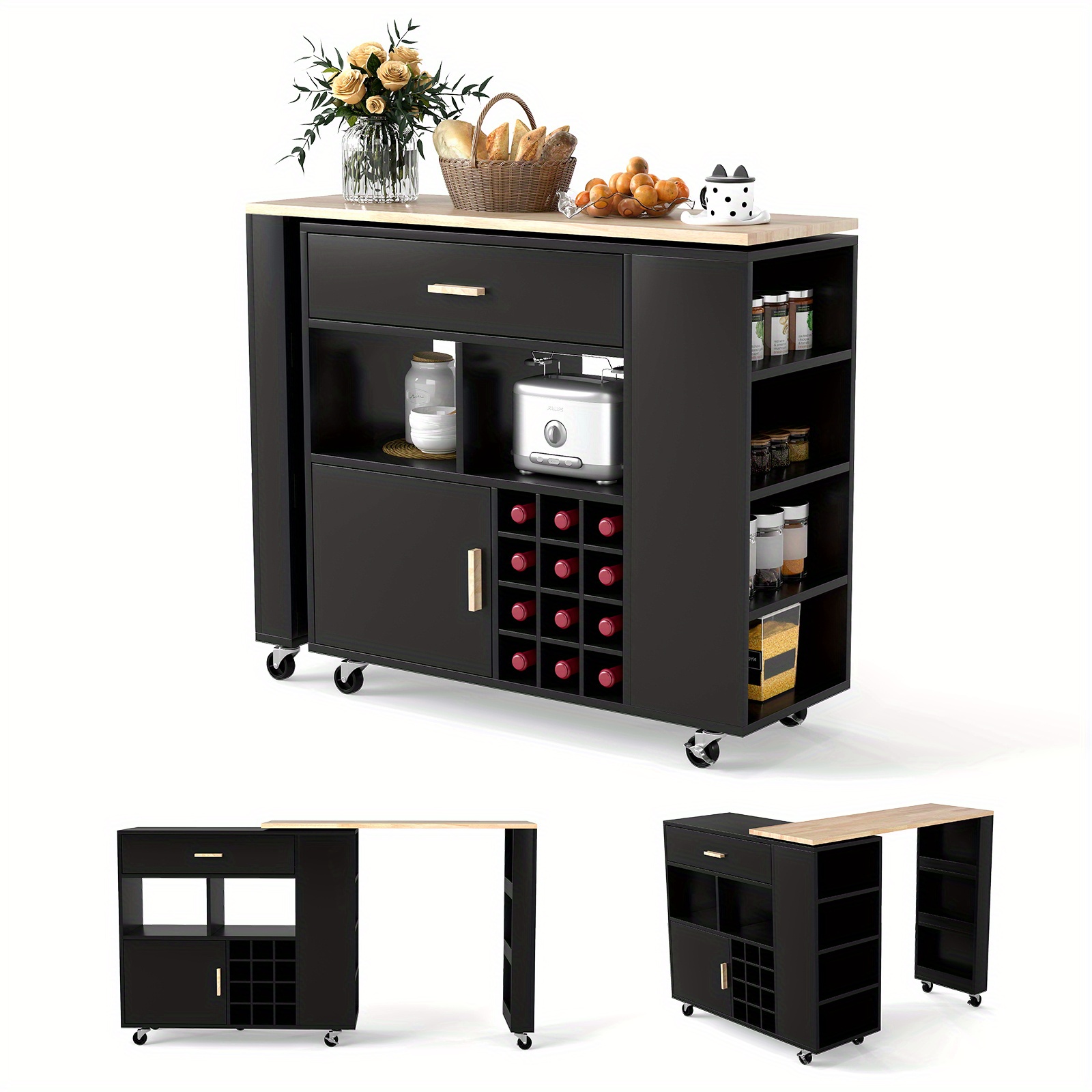 Image of Kitchen Island Cart Bar Table Combo, 2-in-1 Reversible Mobile Serving Cart, Storage Cart On Wheels W/ Rubber Wood Top, Adjustable Shelf