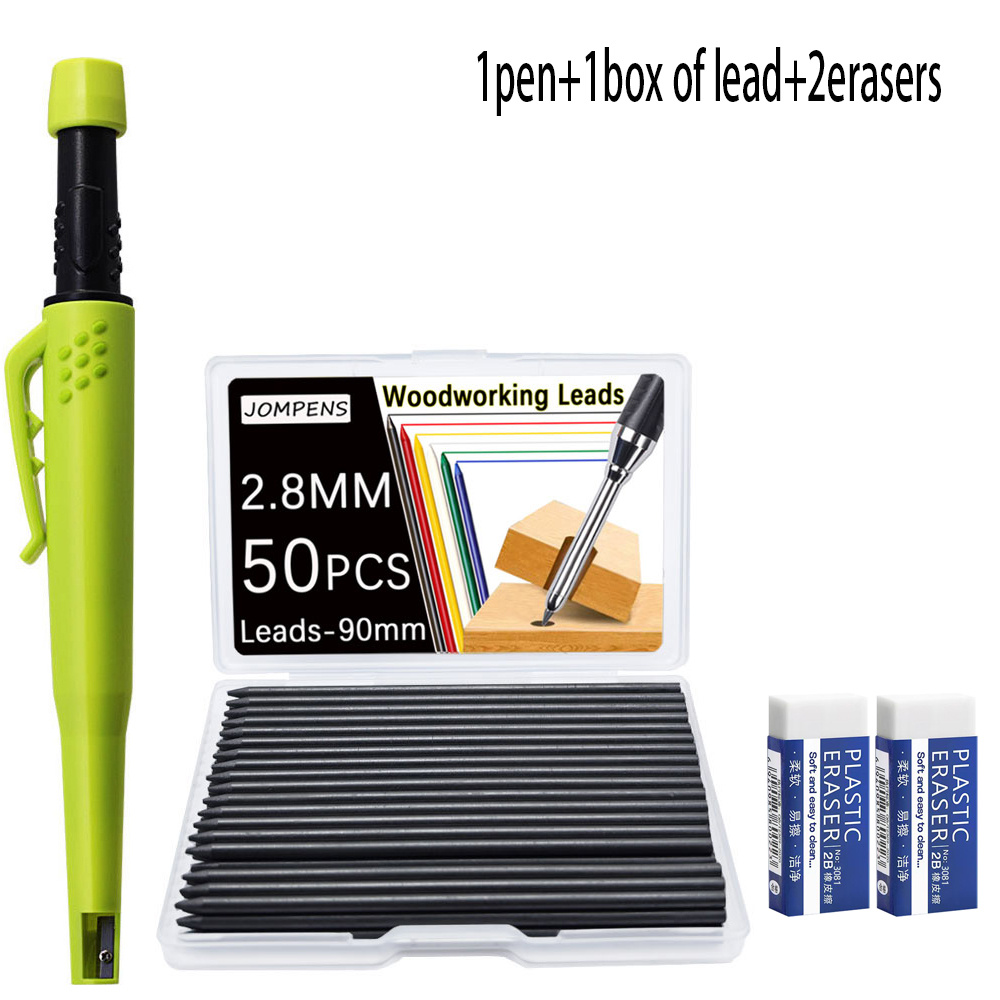 Image of 2.8mm Solid Deep Hole Woodworking Pencil With Built-in Sharpener, Suitable For Woodworking Design Engineers To Mark And Draw Deep Holes (1 Pen+ Of 50 Lead Cores+2erasers)