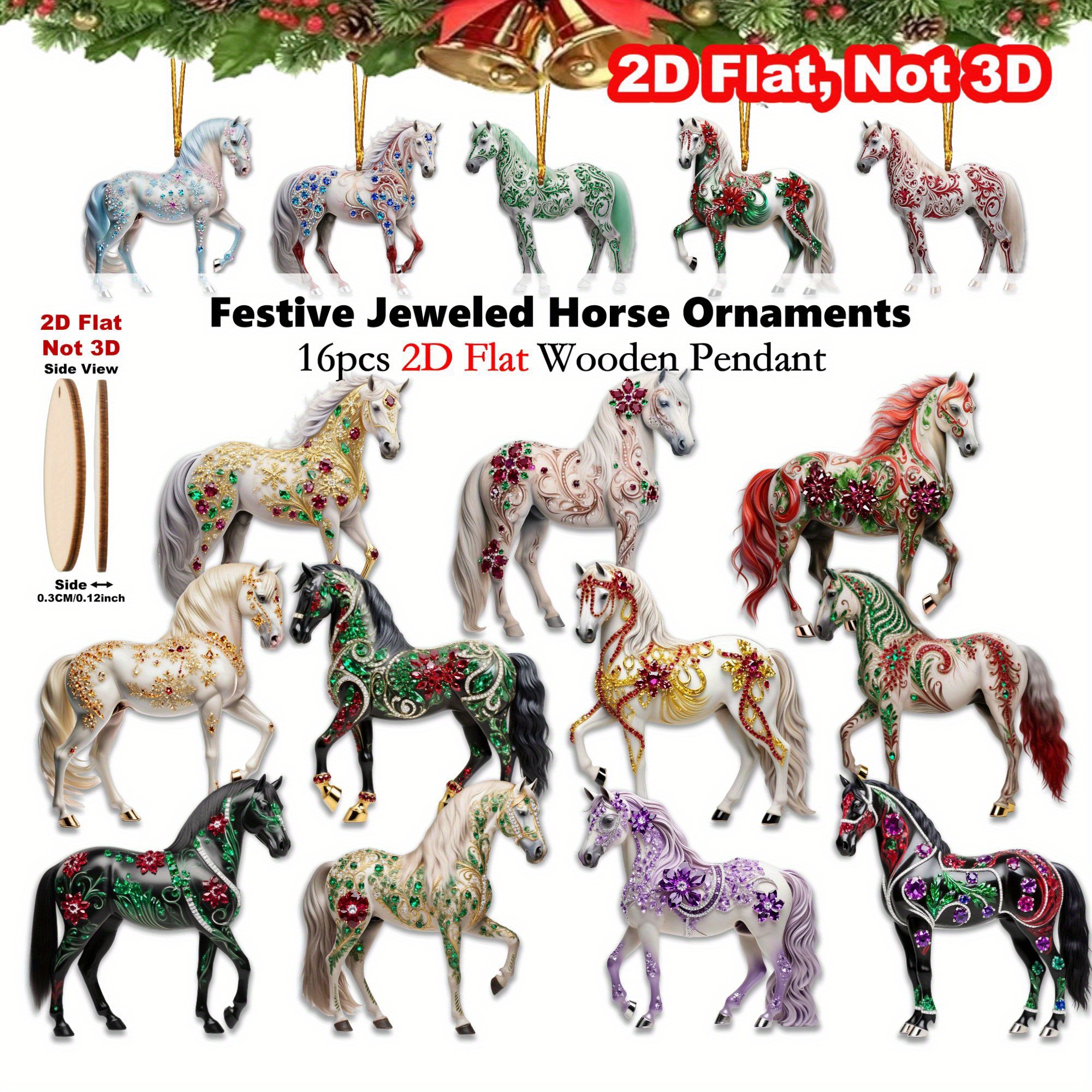 TEMU 2d Flat - 16pcs Jeweled Horse Wooden Ornaments - Christmas Tree Decorations, Festive Home And Window Decorations | Ideal Holiday Party Additions