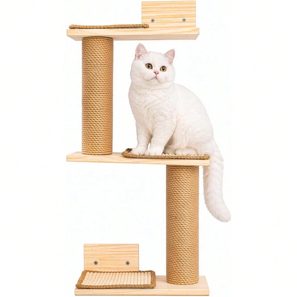 Multi-tier Wall-mounted Cat Furniture, Wooden Climbing Frame With Scratching Post, Space- Cat Perch For Indoor Use