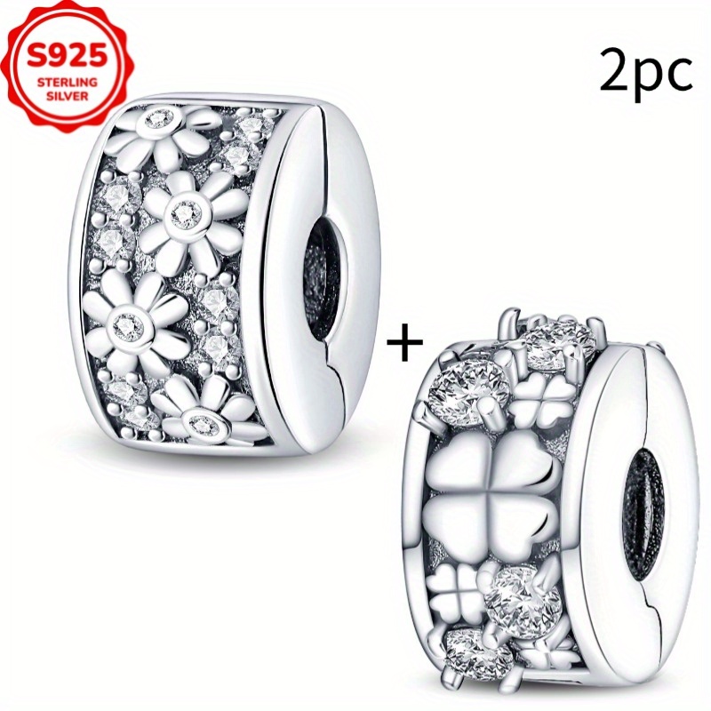 Image of 2pcs 925 Sterling Silver Snowflake Clover Series For Women's Fashion Charm Beads, Suitable For Bracelets, Necklaces, Engagement Birthday Gifts