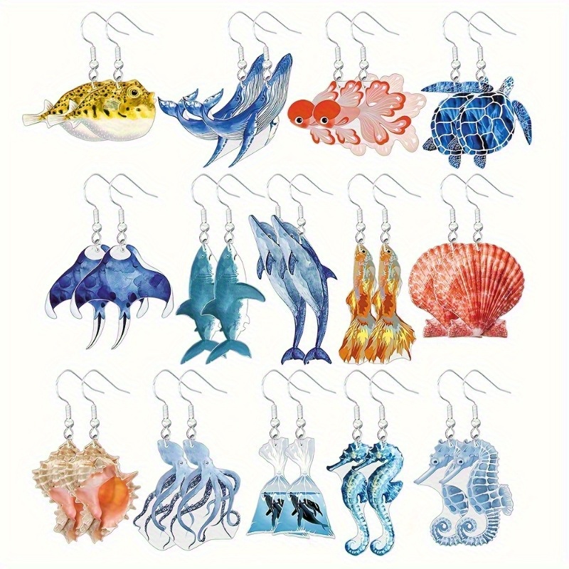 TEMU Plat 2D, 14 paires de boucles d'oreilles pendantes sur le thème de l'océan, avec de mignons dessins animés de incluant requins, pieuvres,