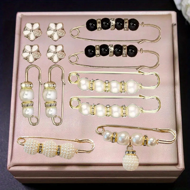 Image of 12pcs Elegant And Versatile Brooch Pins For Women- Bead Details, Alloy Material, Perfect For Clothing And Waist Fixing, Versatile Accessories