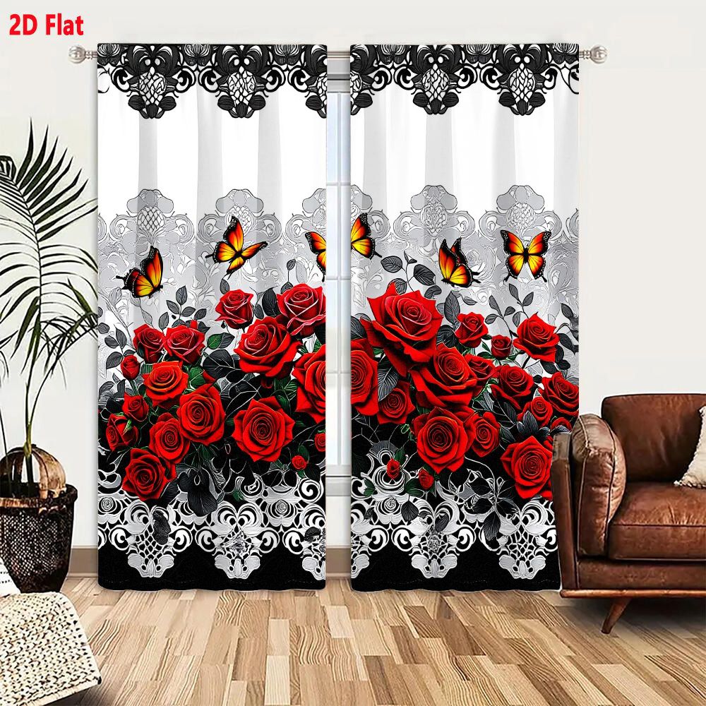 TEMU 2d Flat - 2pcs Red Roses & Black White Floral Scroll Lace Curtains With Orange Yellow Butterflies | Elegant Semi-sheer Window Drapes, Light