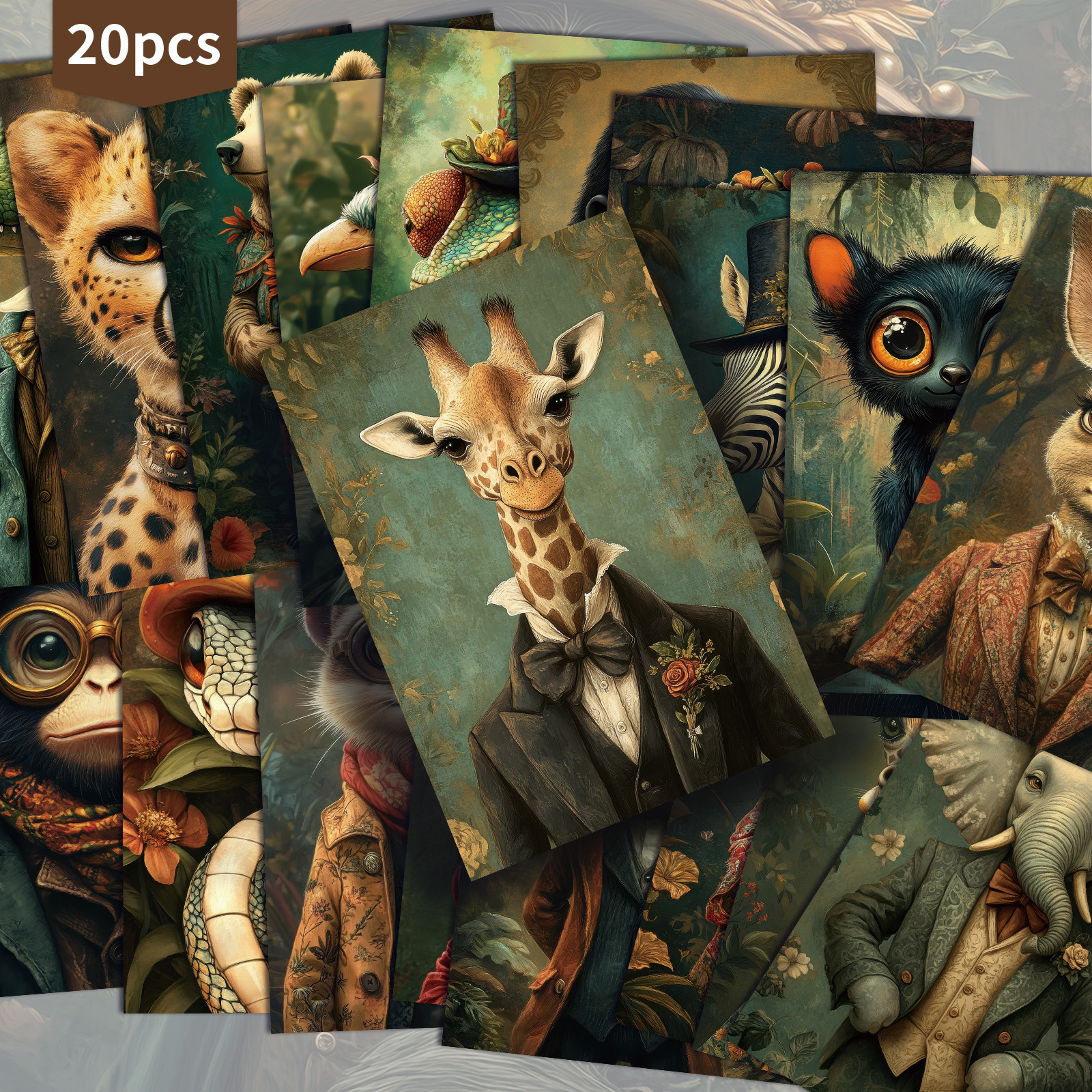 Image of 20 Pack Whimsical Jungle Animal Art Paper Postcards - 4x6 Inches Vintage Junk Journal Paper, Classic Pinup Illustrations, Collectible Decorative Painting Cards For Scrapbooking & Crafting