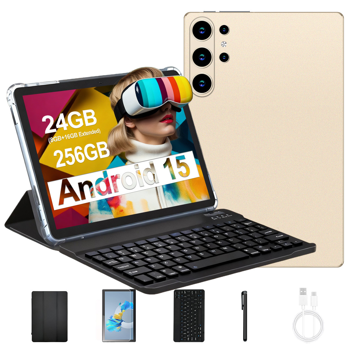 Full Accessories 15 Tablet 10.1 Inch, 6000mah Long , 8mp+16mp Hd Camera, Wifi 6 High Speed, 4g , Keyboard & Case Free Gift Set