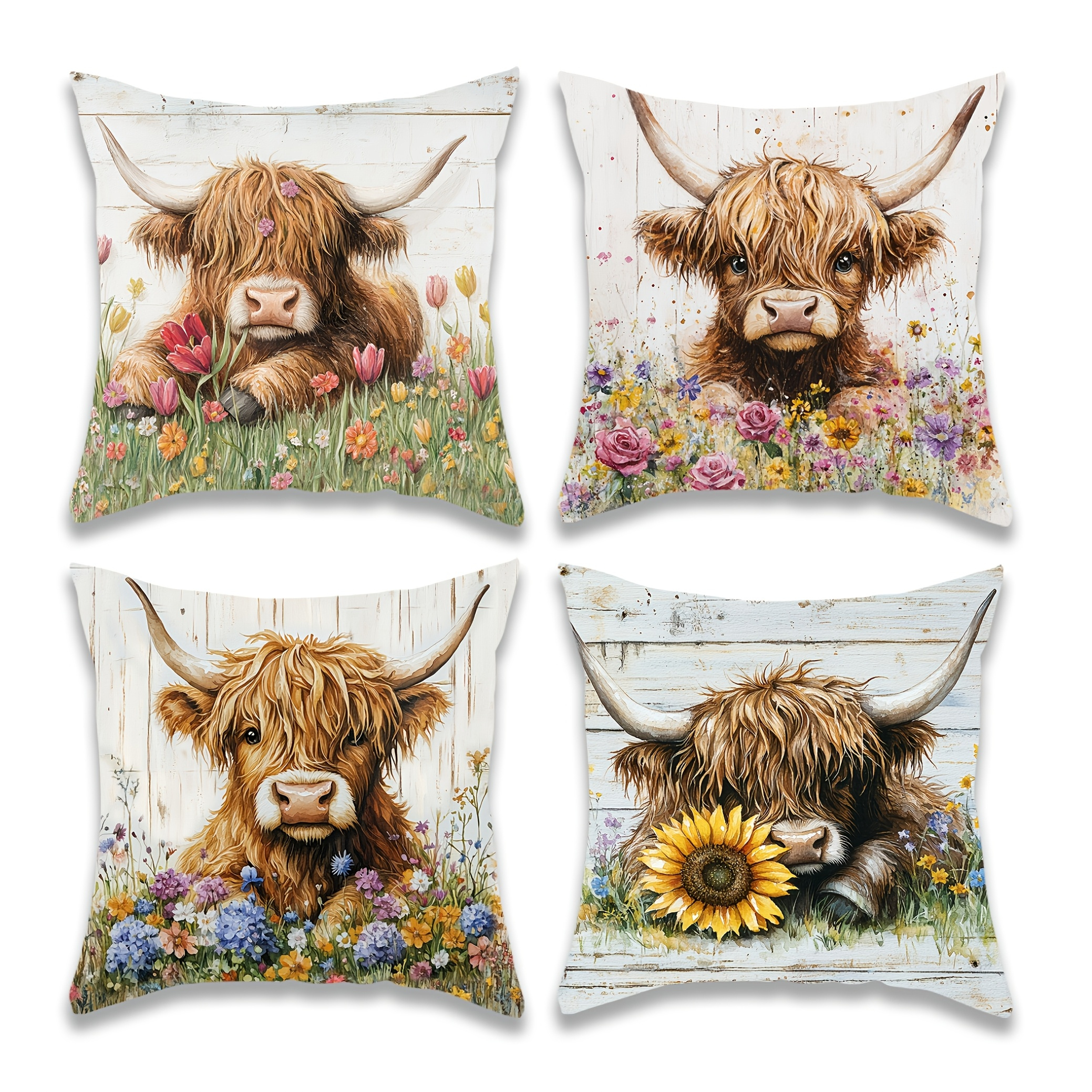 TEMU 4pcs Vintage Highland Cow Plush Pillowcases, 100% Polyester, Machine Washable, Printed With Sunflower And Floral Patterns, With Zipper Closure,