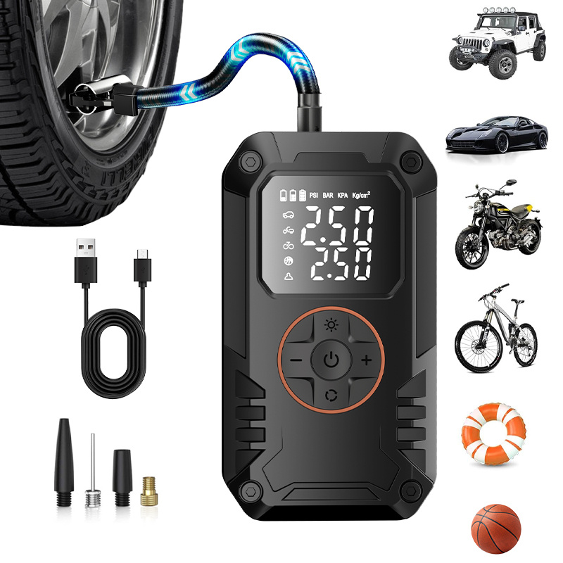 portable air compressor tire inflator cordless air pump with digital tire pressure gauge 3  inflation accurate dual lcd display and led light for car motorcycle e  