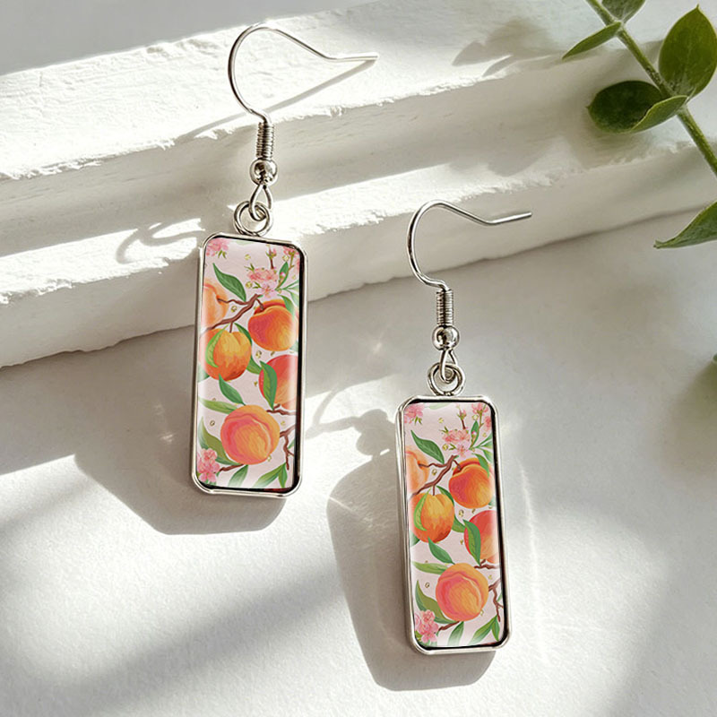 Pink Peach Fruit Blossom Branch Stainless Steel Drop Earrings, Unisex