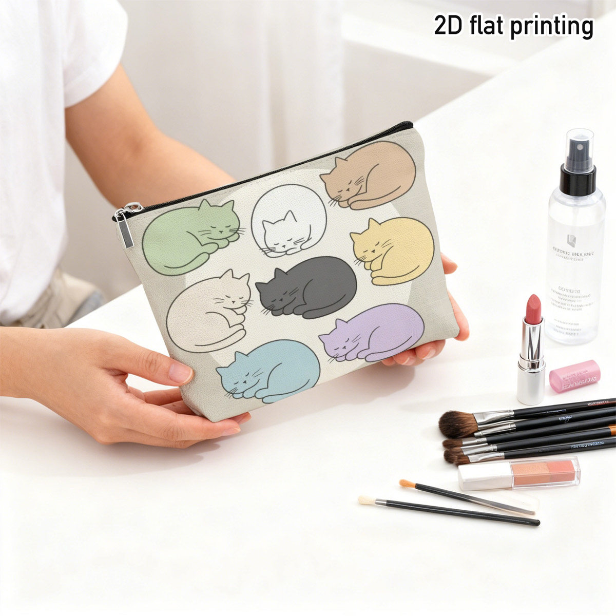 2d flat 1pc cartoon cute   makeup bag adorable colorful feline design ideal for storing daily cosmetics     for teen cat lovers