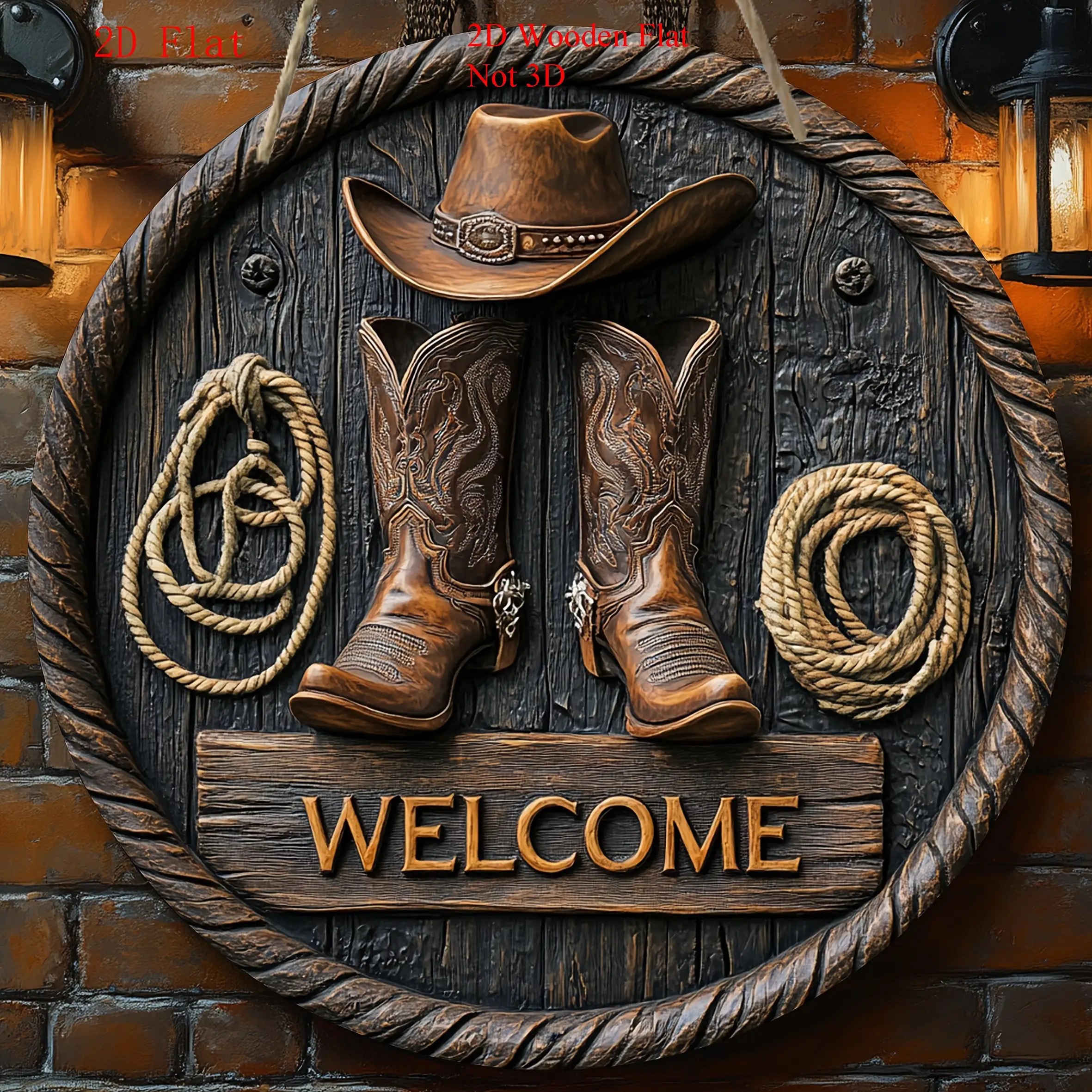 TEMU 2d Flat - Handcrafted 2d Flat Wooden Western Style Hanging Sign - Cowboy Boots, Hat And Rope Circular Wooden Plaque, Welcome Message, Suitable