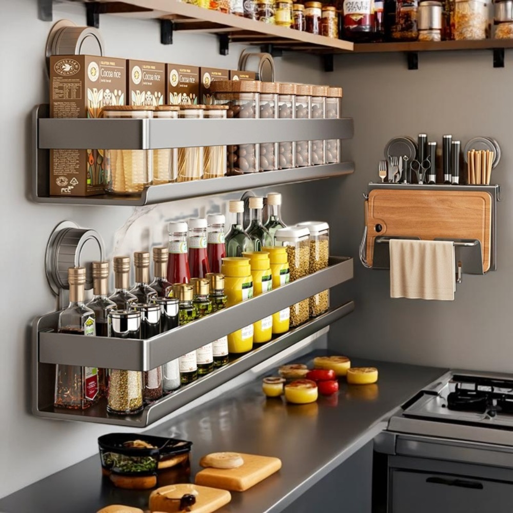 Adhesive Mount Wall Hanging Spice Storage Rack 2-pack, Household Kitchen Utensil Arrangement Holder