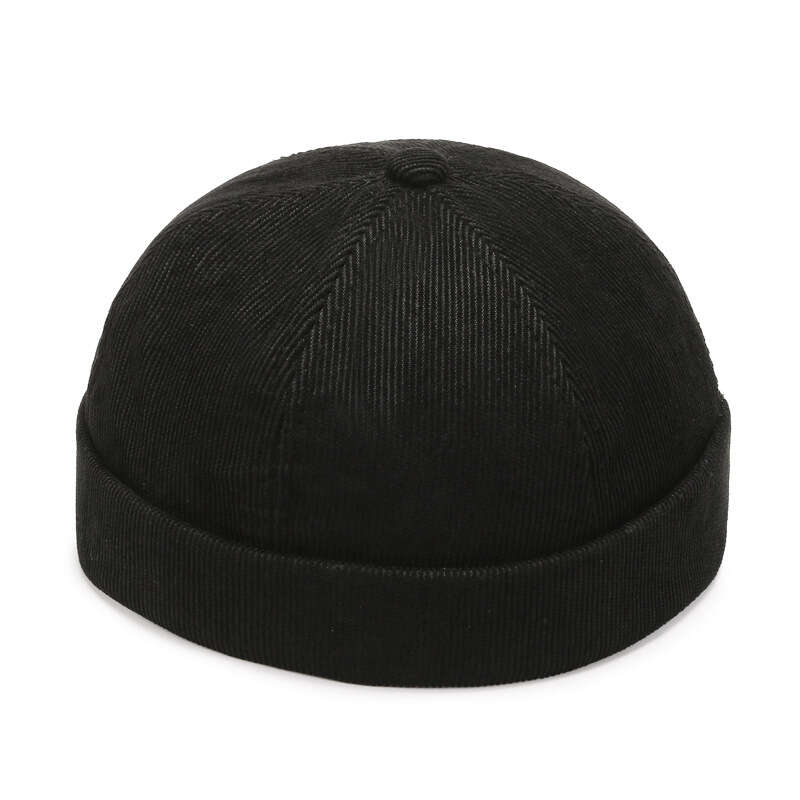 TEMU Men Women Fish Embroidery Corduroy Brimless Sailor Cap Rolled Cuff Retro Beanie Hat Adjustable Docker Casual No Brim Hat Visor-less Flip Sailor
