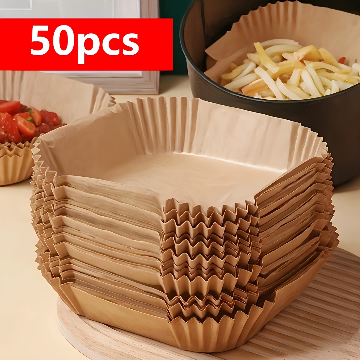 E-shop 50 Stück Antihaft-Einsätze für Heißluftfritteusen – Hergestellt aus hochwertigem einlagigem Papier mit geriffelten Rändern, gewährleistet