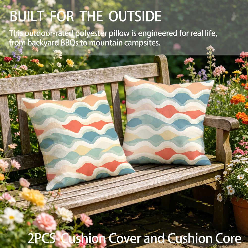 Outdoor Pillows 2pcs Set with InsertWave Pattern Outdoor Cushion (17.72inch) Features a Seamless Design of Wavy Lines in Pastel Colors, Creating a Retro-inspired Aesthetic. Versatile as a Seat or Backrest, Perfect for Patios, Gardens, or Lounges. D