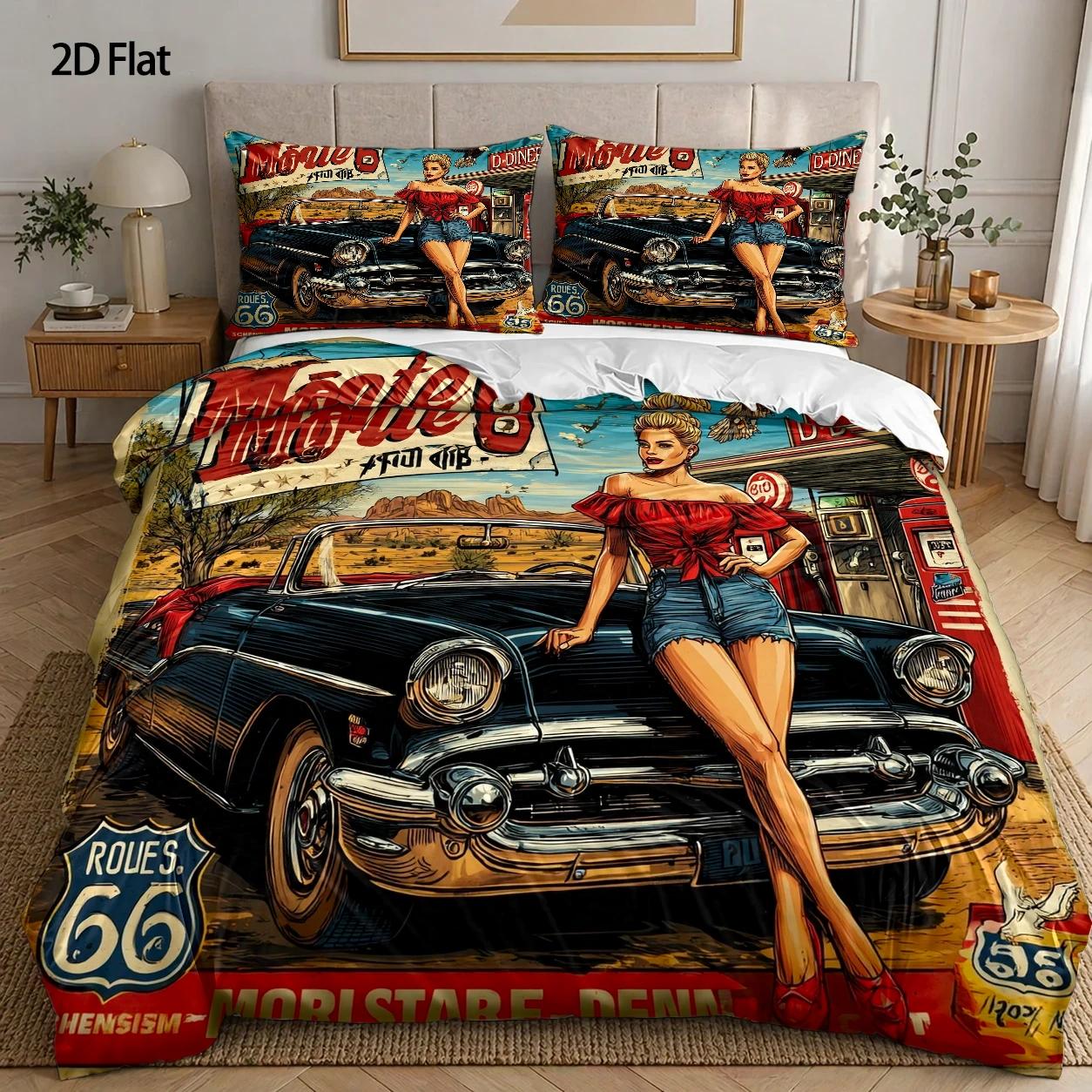 TEMU 3pcss Duvet Cover Set, 1pc Duvet Cover And 2pcs Pillowcases (filling Not Included), Modern 66 Retro Style, Hand-painted, American Day, Home