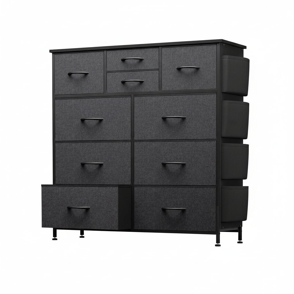 10-Drawer Storage Cabinet with Side Pockets | Wardrobe Organizer Boxes, Suitable for Bedrooms, Entryways, Living Rooms, Black, Contemporary Style, Hardwood and Particle Board Material, OLIXIS Brand - Image 7