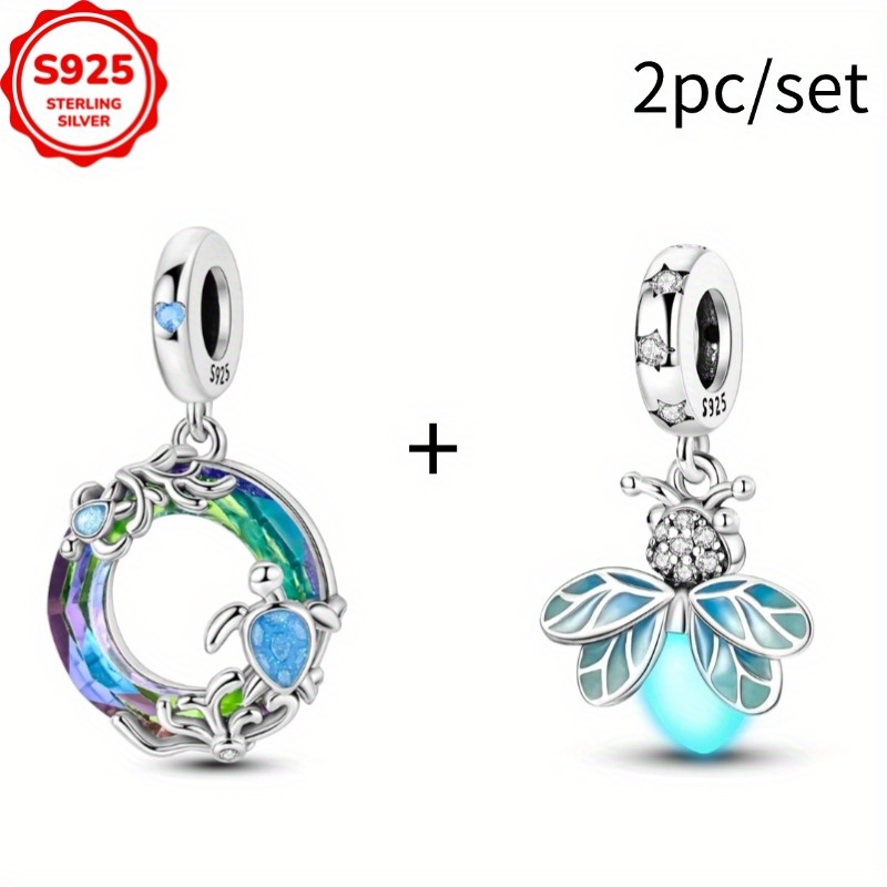 Image of 2pcs 925 Sterling Silver Turtle And Luminous Firefly Charm Beads, Suitable For Bracelets, Necklaces, Engagement Birthday Gifts
