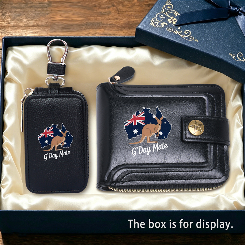 TEMU 2pcs Mate Kangaroo And Australian Flag Print Men's Wallet And Key Bag, Pu Kangaroo Australian Style Wallet Key Bag Lightweight Durable For Daily