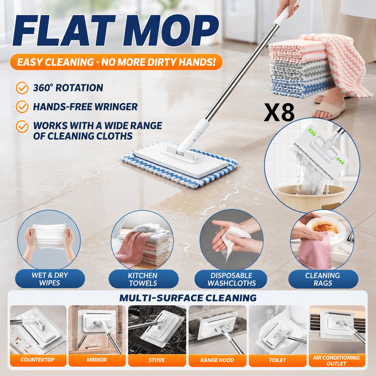 TEMU Hand Wash Free Automatic Mop System, Upgraded Flat Mop With Cleaning Cloth, Lazy Mop For Wet And Dry Use, Heavy-duty Abs Frame, Space-saving