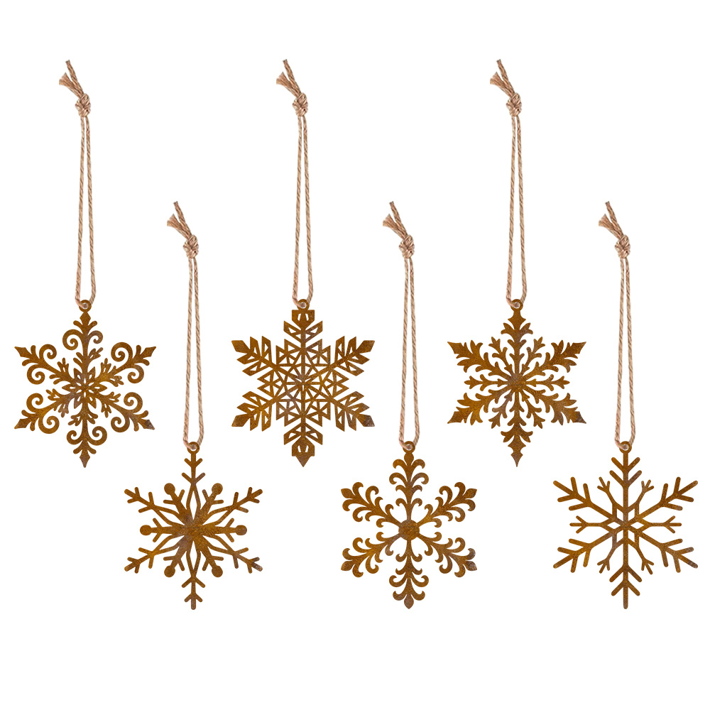 TEMU 6pcs Farmhouse Rustic Rusted Metal Xmas Tree Hanging Ornaments Fancy Curly Scroll Snowflake Motif Decor With Natural Jute String For Christmas