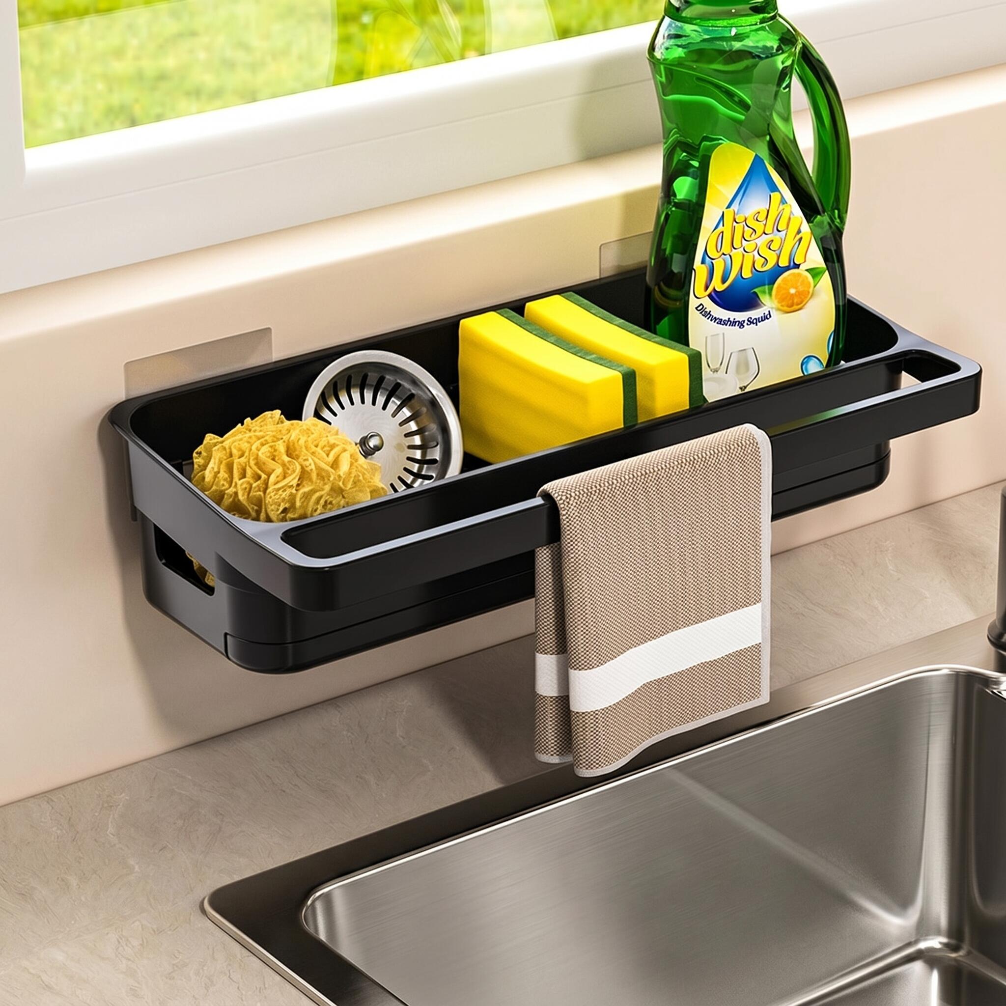 TEMU Porte-éponge de rangement pour évier de cuisine avec bac d'égouttage amovible, support de robinet pour flacon pulvérisateur, liquide vaisselle,