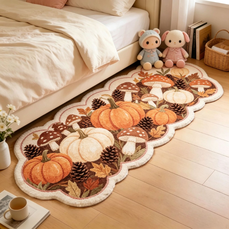 TEMU Faux Cashmere 900g 1pc Autumn Atmosphere Bedroom Decor Bedside Carpet Pumpkin Mushroom Pattern Living Room Wavy Edge Carpet Fluffy Soft Bay