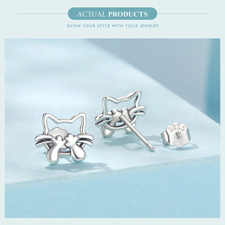 1 pair cute cartoon cat hollow-out stud earrings, 925 sterling silver, hypoallergenic fashion jewelry for women, daily & gift occasions, 2.4g -   girlfriend, lover, friend, self details 5