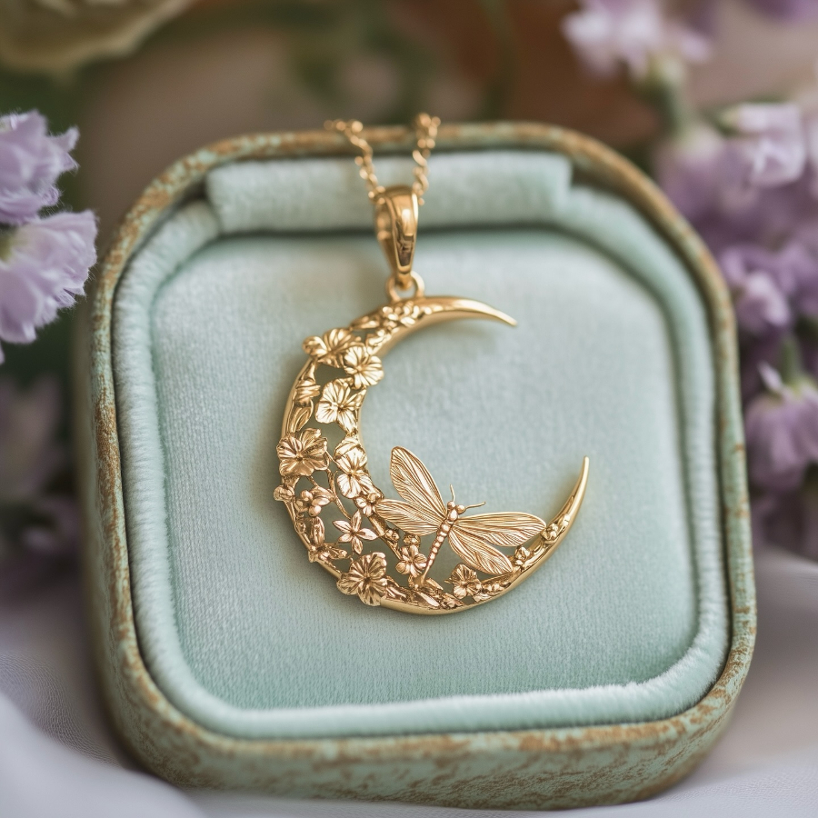 E-shop Elegante raffinierte Mond-Libellen-Blumen-Anhänger-Kupfer-Damenkette, exquisites natürliches Design, für den täglichen Arbeitsweg,