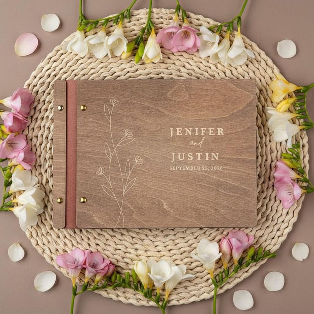 slika predmeta knjiga s podpisami gostov po   za poroko, dekoracija robov iz rjave/črne/bele usnja, lesena knjiga s podpisami a4/a5, foto album za  da in  , album za izrezke in planer, dekoracija za zabavo ob obletnici zaroke