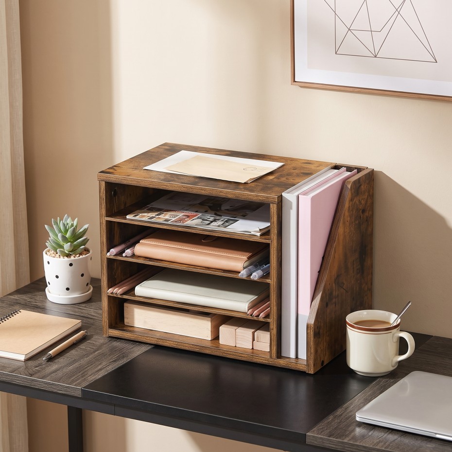 Image of Practical Shelf And File Storage Box | Wooden Desk Organizer For Storing Files, , Envelopes, Magazines, Multipurpose Use, Countertop Mounting, Hoobro Brand, Utility Racks