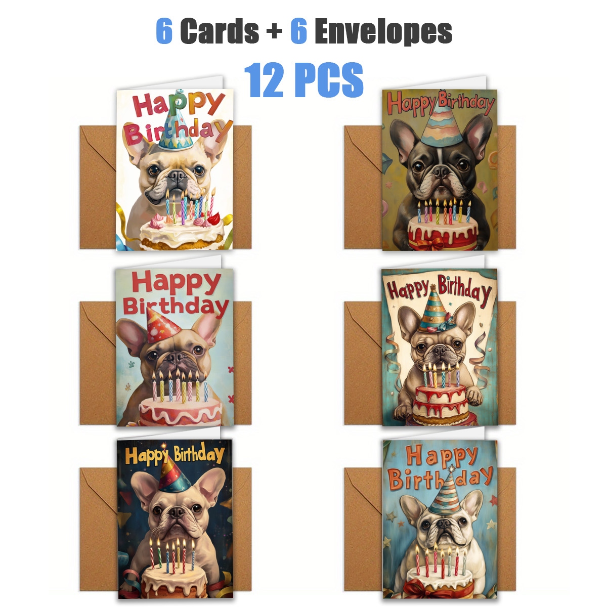TEMU 1 Set/12pcs/24pcs Of French Bulldogs Wearing Birthday Hats And Greeting Cards | Includes Envelopes, Cards | Perfect For Birthdays, Celebrations,