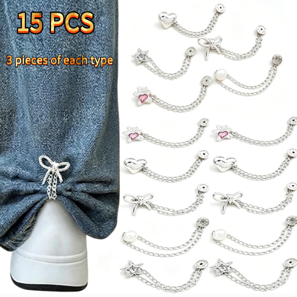 Image of 15pcs Set (3pcs Type) Multifunctional Clothing Clips, For Hemming, Star-shaped Bow Shirt And Trouser Hem Clips, Cute Decorative Long Jeans Cuff And Leg Button Chain Clips, Clothing Accessories.