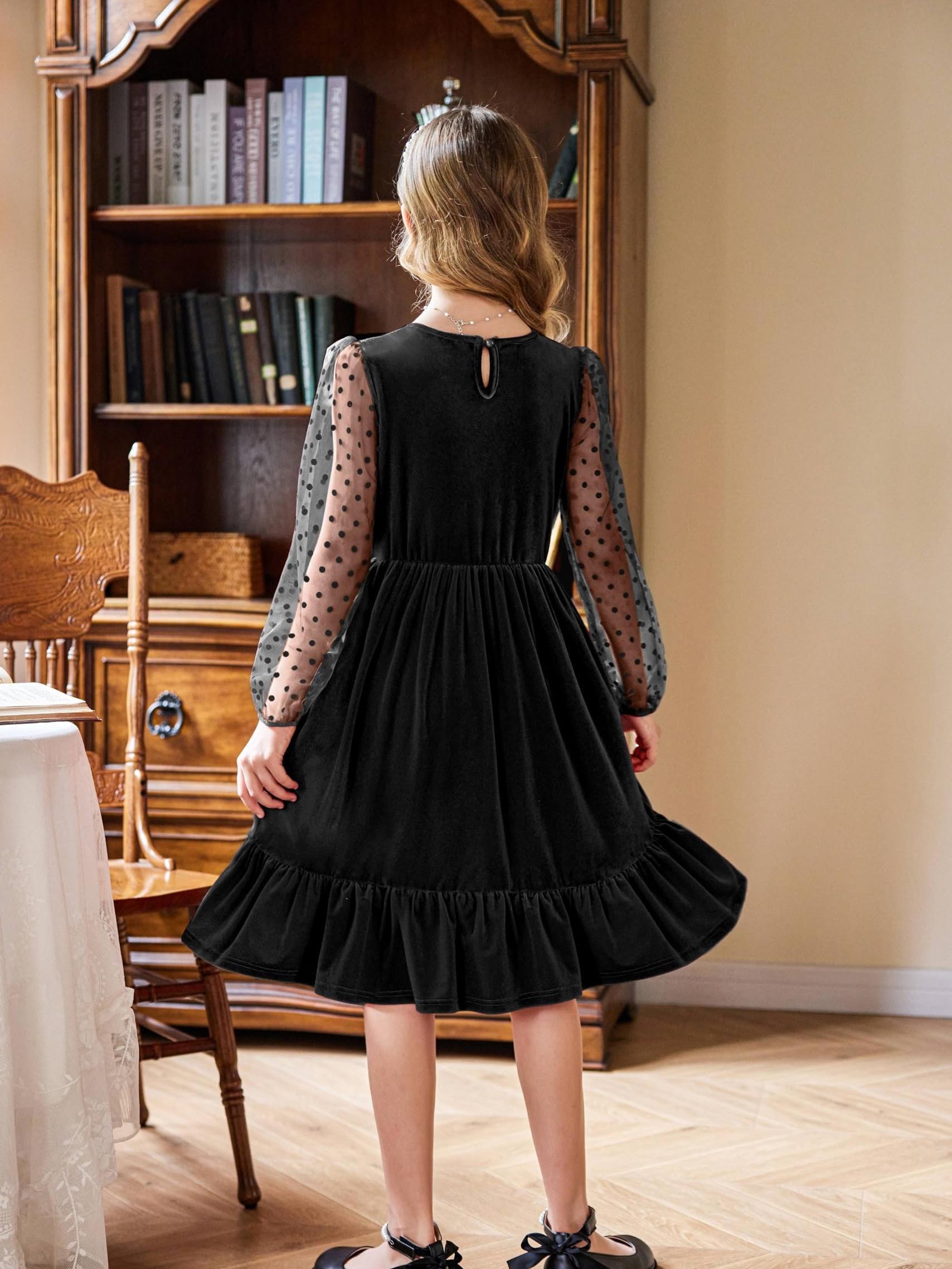 Virmoku Girls Spring Summer Formal Dress – Contrast Mesh Long Sleeve A-Line Short Party Wedding Dress For Teens Teen Party Wedding Dress