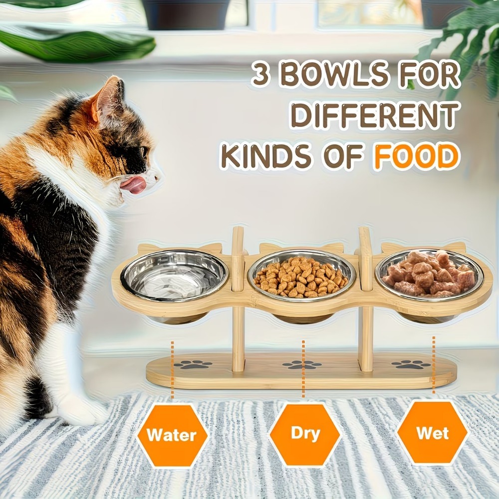 Image of Pet Feeding Station With Wooden Stand - Includes 3 Stainless Steel Bowls, 15° Tilted Design, Suitable For Cats And Dogs, Separate Compartments For Dry And Wet Food