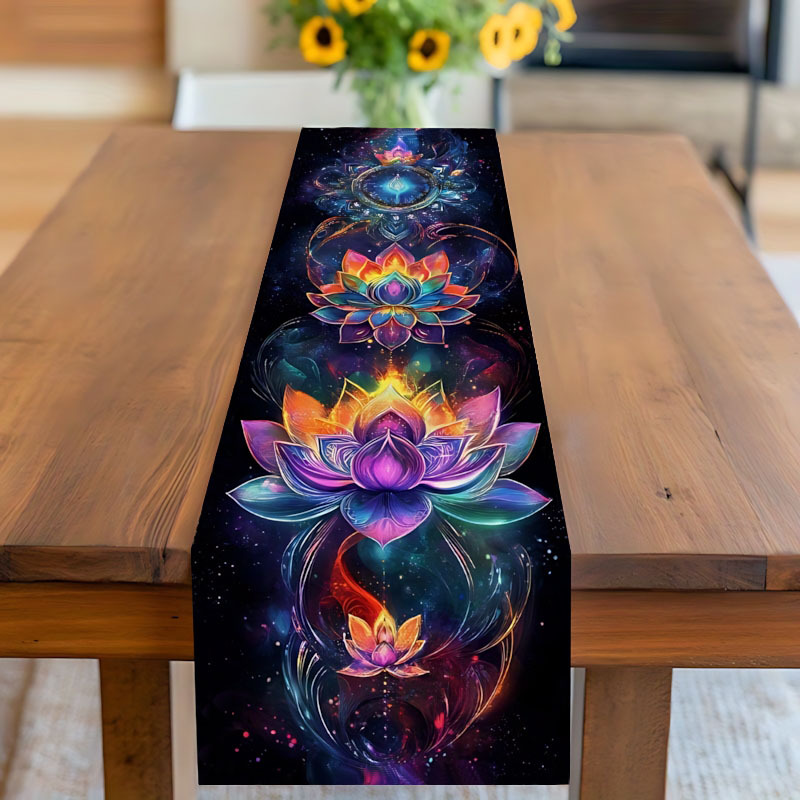 TEMU 1pc Psychedelic Lotus And Mystical Mandala Table Runner - Multicolor Design Polyester Fabric, Yoga Meditation Space Decor, Spiritual Holiday