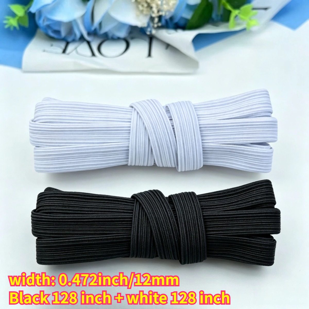 TEMU 2 Rolls Of High-elasticity Flat Elastic Band, Black 128 Inch + White 128 Inch, Width 0.472 Inch/12mm, Double-sided Woven Sewing High-elasticity