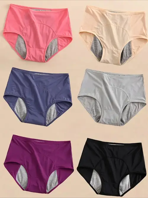 6pcs plus size womens leakproof period panties high waist tummy control stretchy nylon blend 6 vibrant solid colors breathable comfortable for casual attire tummy control panties menstrual underwear highwaist design nontransparent fabric