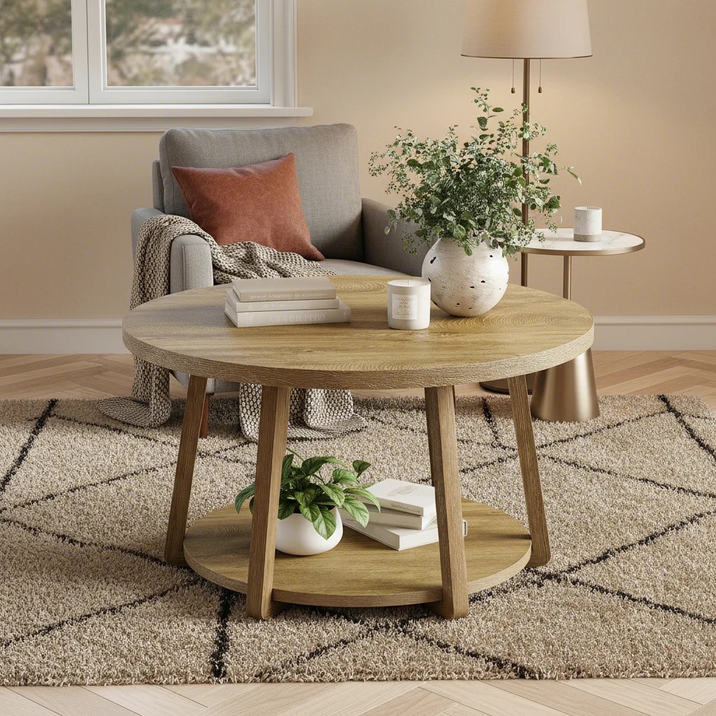 1pc Modern Round Coffee Table With Wood Top & Legs - Space- 2-tier Center Table Suitable For Living Room, Bedroom, Contemporary Minimalist, Assembly,, Compact For Small Spaces