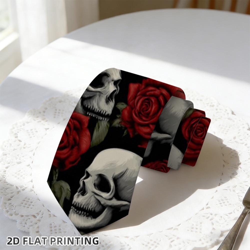 TEMU 1pc Gothic Red Roses & Skulls Tie - Soft Durable Suitable For Weddings, Dates, Parties, Machine Washable Suitable For Halloween, Christmas,