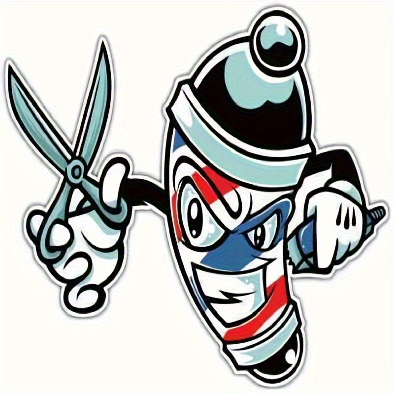 advanced haircut scissors vinyl stickers durable scratch resistant decals with cartoon barber design red striped hair scissors   character for cars laptops water bottles removable   for hairdressing tools salon  