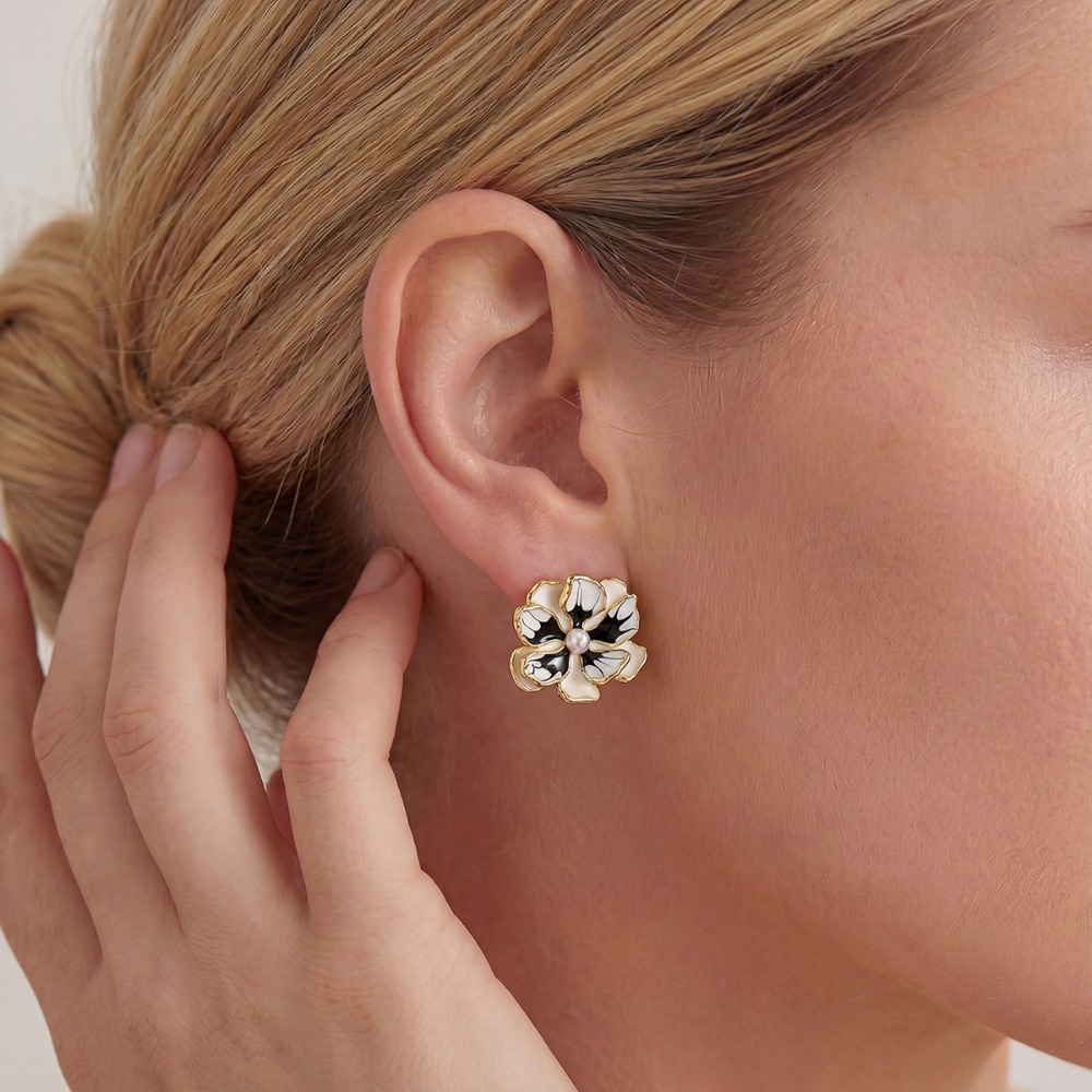 Women's Plated Enamel Flower Dangle Earrings with Center Beads