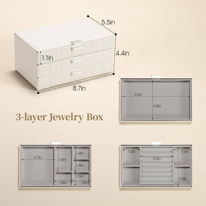 women s large jewelry box organizer with   - waterproof & dustproof heavy-duty plastic construction, white   leather-like texture, golden-  hinges & clear drawers - medium size with soft cushioned compartments for earrings, rings, necklaces, bracelets storage -     for home or travel, large jewelry organizer storage, jewelry box, jewellery box packaging, jewelry storage organizer, small jewelery holder Product details 5