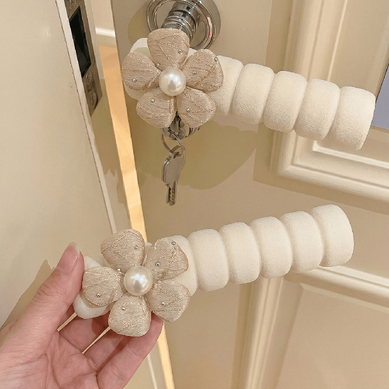 TEMU 2pcs French Cream Style Pearl Five-petal Flower Protective Covers, Anti-collision, Silent And Anti-static Handle Sleeves For Home Bedroom And