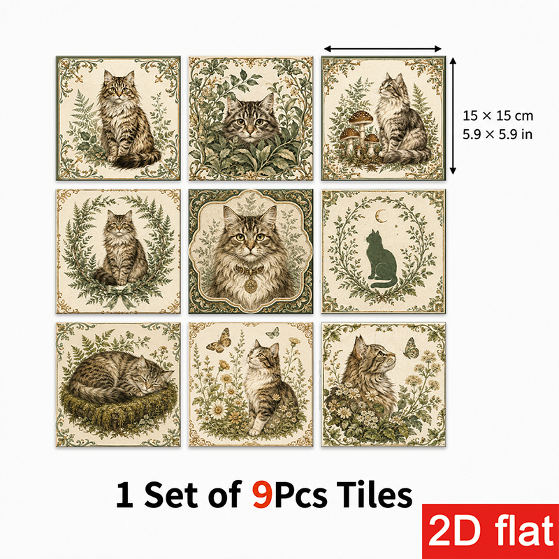 TEMU 2d Flat 9pcs 15x15cm (5.9x5.9in) Slate Tile Stickers Classic - Self-adhesive, Peel And Stick Wall Tiles With Floral Patterns For Kitchen