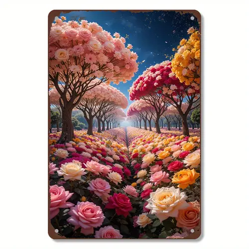 vintage metal wall art sign rose forest scene with vibrant roses frameless waterproof rust proof decor for home or wedding gift outside decor 2d flat room decor