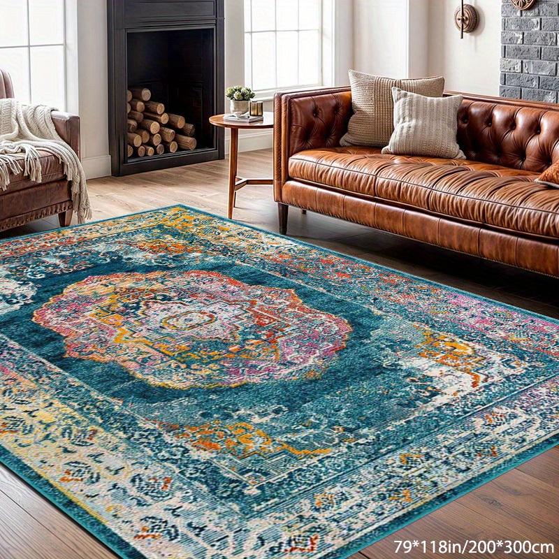 TEMU 1pc Vintage Bohemian Patterned Rug Made Of Plush Velvet With A Dotted Plastic Bottom, Suitable For Living Rooms, Bedrooms, And , Machine