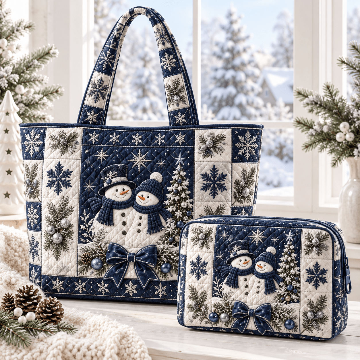 2pcs Women'S * Winter Snowman, Star, Pine Tree And Blue * Quilted Tote Bag Set with Matching Pouch, Lightweight * Shoulder Handbag