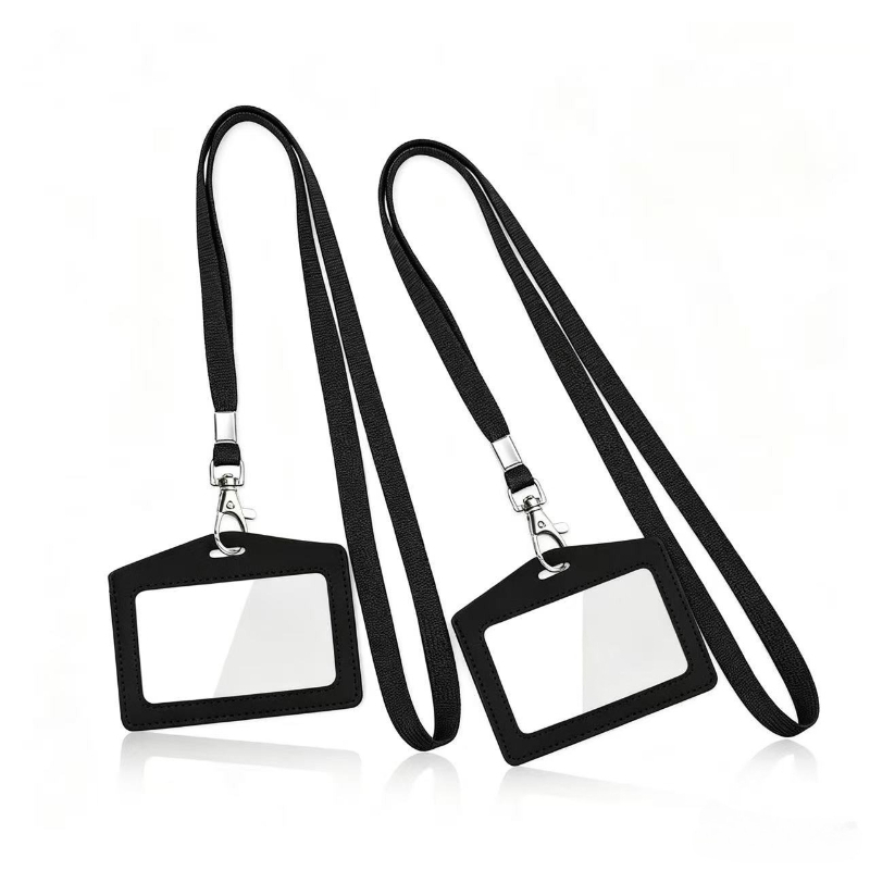 TEMU 2pcs Pu Card Holders And 2pcs Lanyards Men Women Id Card Credit Card Bag Double-sided Transparent Horizontal Card Holder Black Lanyard Factory
