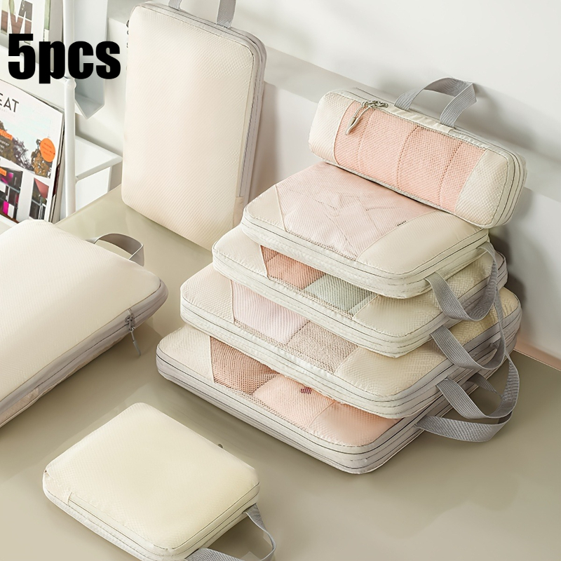 TEMU 5pcs Heavy-duty Travel Compression Storage Bag Set With Zippered Plastic Suitcase Organizers - Space-saving Compression Garment & Bedding Bags